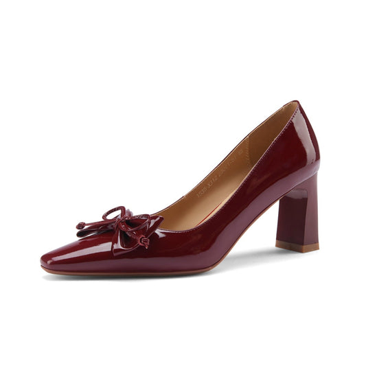 Nine Seven Women's Patent Leather Handmade Mid Chunky Heel Sexy Slip On Cute Bowtie Glossy Pumps