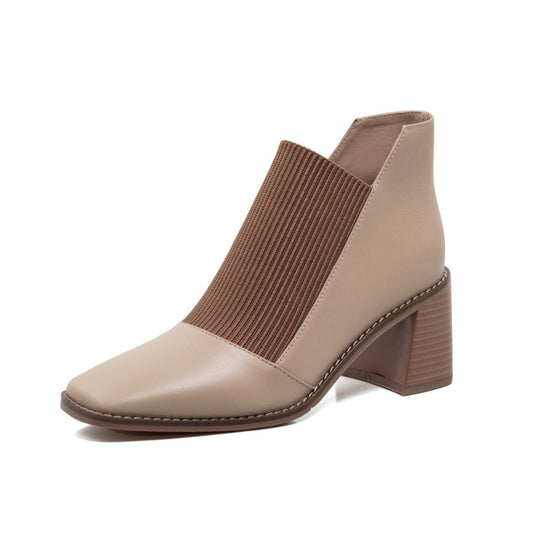 Nine Seven Women's Genuine Leather with Elastic Handmade Square Toe Mid Chunky Heels Casual Ankle Boots