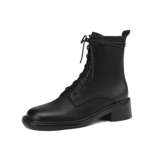 Nine Seven Handmade Women's Genuine Leather Front Lace Up Round Toe Low Chunky Heel Motorcycle Ankle Boots Shoes