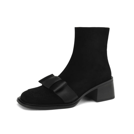 Nine Seven Handmade Women's Suede Leather Bow Décor Comfort Square Toe Side Zipper Mid Block Heel Ankle Boots Shoes
