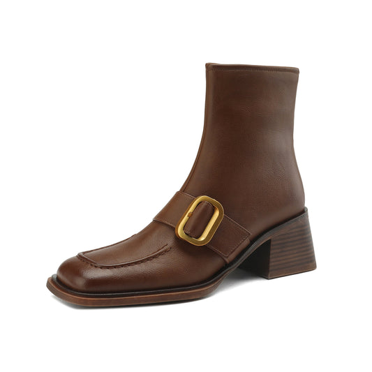 Nine Seven Handmade Women's Genuine Leather Décor Buckle Side Zipper Square Toe Mid Chunky Heel Ankle Boots