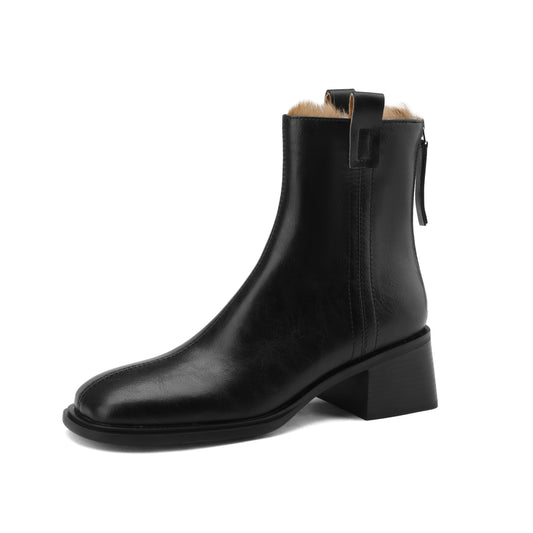 Nine Seven Handmade Women's Genuine Leather Square Back Zip Mid Block Heel Charming Ankle Boots