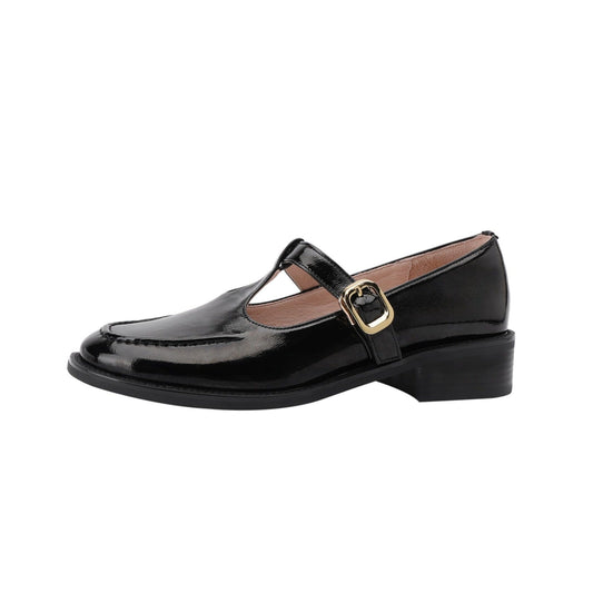 Nine Seven Women's Round Toe Genuine Leather Handmade Buckle Low Chunky Heels Retro Shoes