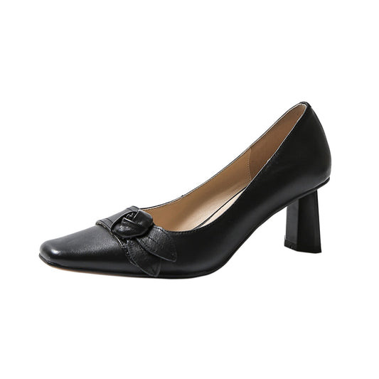 Nine Seven Women's Handmade Genuine Leather Square Toe Mid Chunky Heel Slip On Elegant Pump Shoes with Floral Pattern