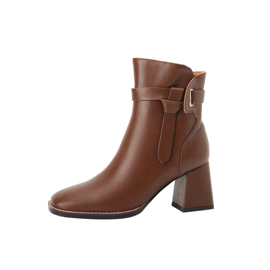 Nine Seven Women's Genuine Leather Handmade Buckle Belt Side Zip Up Square Toe Mid Block Heel Ankle Boots