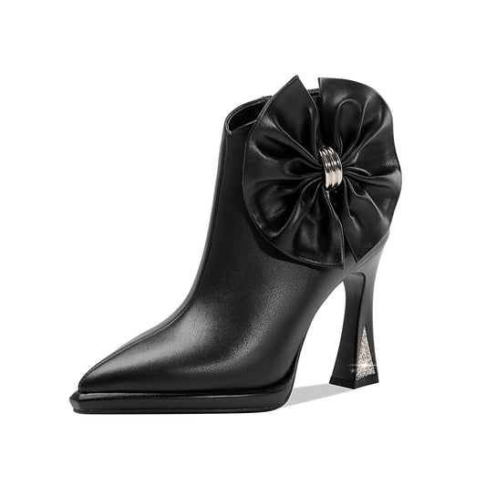Nine Seven Women's Pointed Toe Genuine Leather Handmade Side Zipper High Heels Stylish Ankle Boots with Bowknot