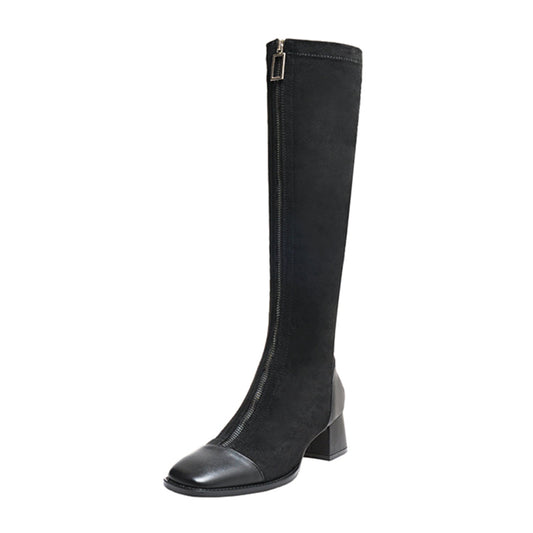 Nine Seven Women's Stretch Fabric Handmade Cap Toe Fashion Front Zipper Comfort Low Chunky Heel Knee High Boots