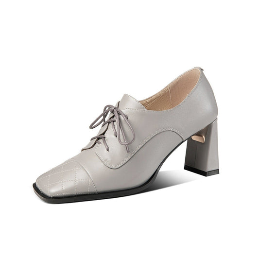 Nine Seven Genuine Leather Women's Handmade Classic Square Toe Chunky Heel Lace Up Oxford Pump Shoes