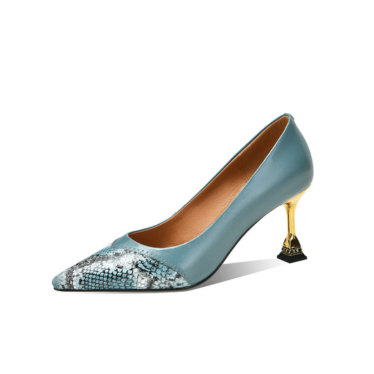 Nine Seven  Women's Pointed Toe Snakeskin Printed Genuine Leather Handmade Stiletto Mid Heels Stylish Pumps Shoes