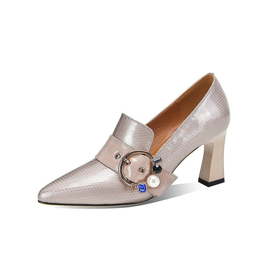 Nine Seven Women's Pointed Toe Glossy Genuine/Patent Leather Handmade Buckle Stylish Pumps Shoes with Mid Heels