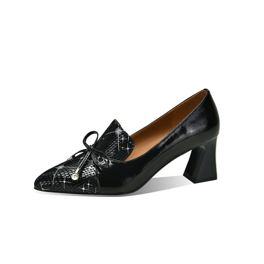 Nine Seven Handmade Women's Glossy Genuine Leather Decor Bowknot Slip On Pointed Toe Mid Cone Heel Pumps Shoes