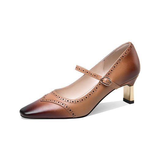 Nine Seven Genuine Leather Women's Handmade Little Square Toe Mental Mid Stiletto Heel Buckle Gradient Color Mary Jane Pump Shoes