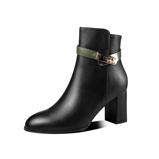 Nine Seven Women's Genuine Leather Handmade Stylish Chunky Heel Side Zip Up Belt Design Ankle Booties