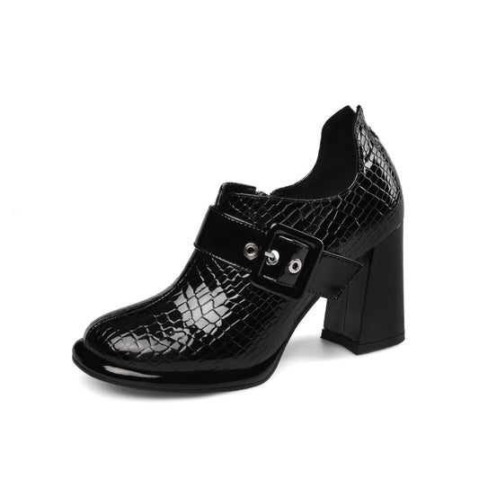 Nine Seven Women's Handmade Patent Leather Round Toe Zip Up High Chunky Heel Chic Pumps Shoes with Buckle