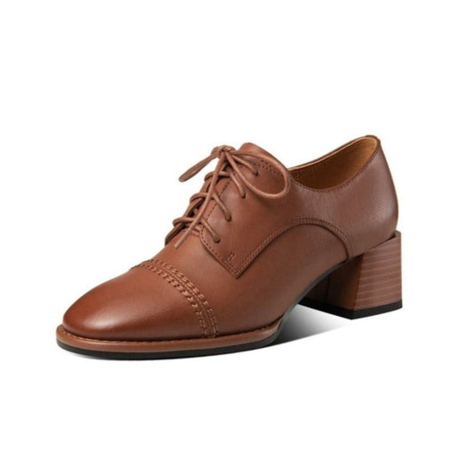 Nine Seven Women's Genuine Leather Handmade Block Heel Lace Up Oxford Pumps