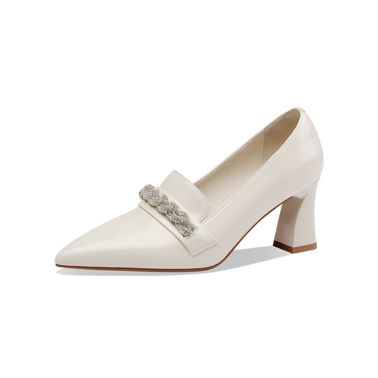 Nine Seven Women's Pointed Toe Genuine/Suede Leather Handmade Mid Chunky Heels Stylish Slip On Pumps Shoes