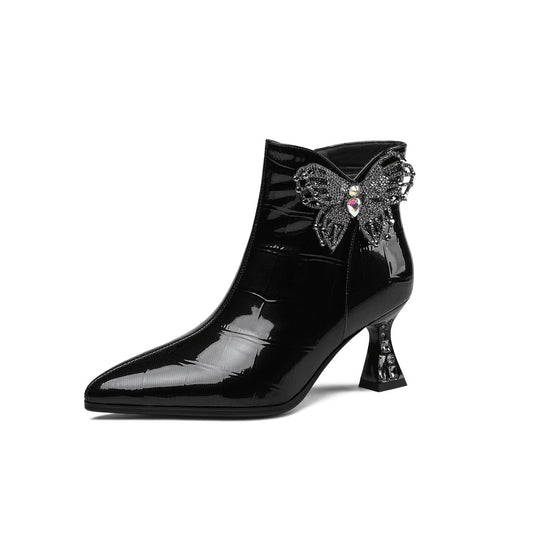 Nine Seven Women's Pointed Toe Glossy Patent Leather Handmade Butterfly Side Zipper Mid Heels Stylish Ankle Boots