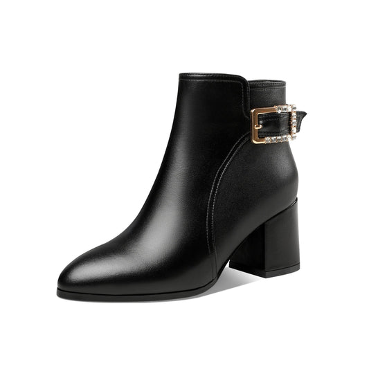 Nine Seven Women's Genuine Leather Handmade Round Toe Side Zipper Mid Chunky Heel Classic Ankle Boots with Buckle