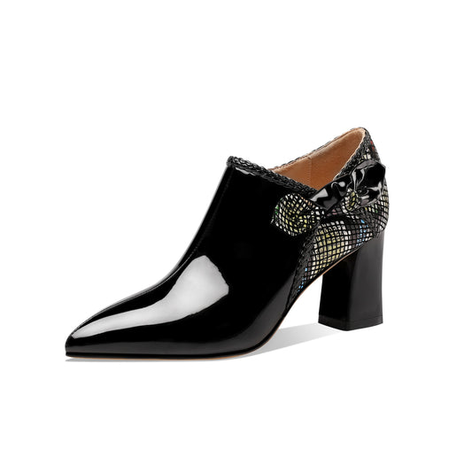 Nine Seven Women's Glossy Patent Leather Handmade Side Zip Up Block Heel Pointed Toe Cute Bow Oxford Pumps with Mesh Pattern