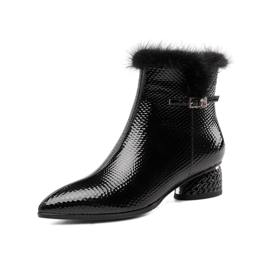 Nine Seven Women's Patent Leather Handmade Side Zip Up Block Heel Black Ankle Booties with Fur and Glitter Buckle Decor