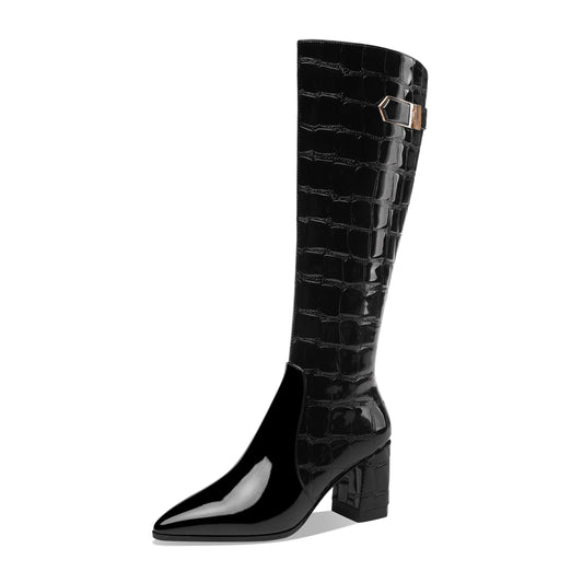 Nine Seven Handmade Women's Patent Leather Pointed Toe Side Zip Up Block Heel Classic Black Knee High Boots with Chic Buckle