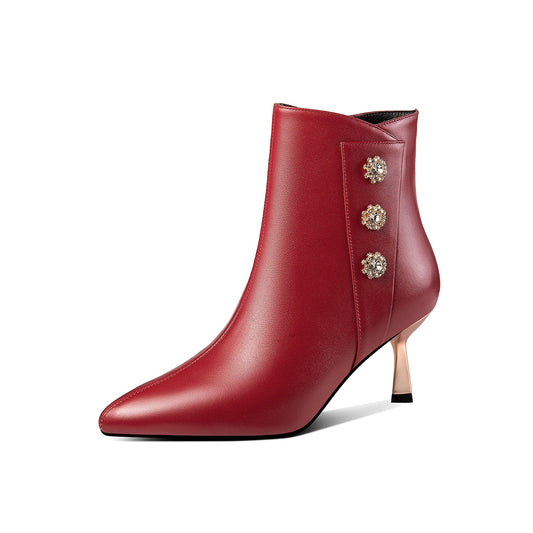 Nine Seven Handmade Women's Genuine Leather Side Zip Up Metal Heel Pointed Toe Ankle Booties with Glitter Flowers