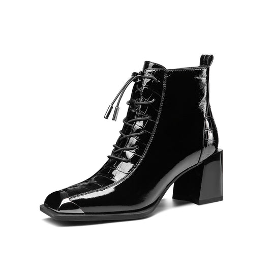 Nine Seven Women's Patent Leather Handmade Square Cap-Toe Mid Chunky Heel Side Zipper Ankle Boots with Band